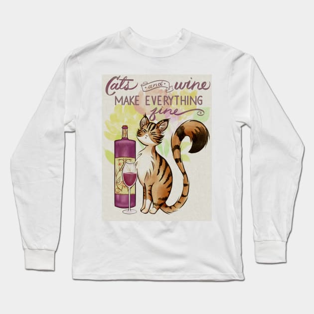 Cats and Wine Make Everything Fine Long Sleeve T-Shirt by SamInJapan